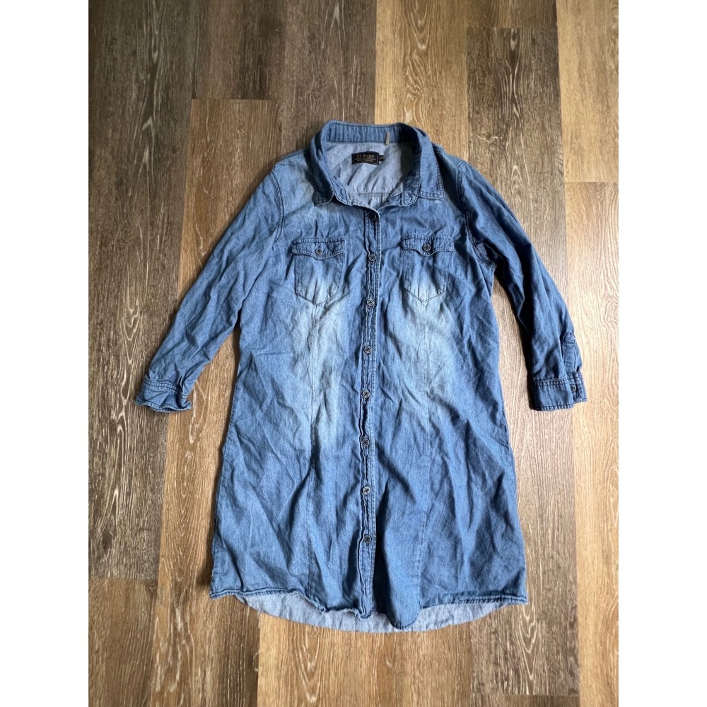 Ci Sono Shirt‎ Dress Womens L Blue Denim Button Down Long Sleeve Mini Pocket